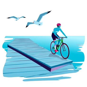 A cyclist with a helmet and bright athletic gear is riding on a wooden pier that extends into the sea. The pier is constructed of weathered wooden planks, showing signs of age with splintered edges and a textured surface. The water beneath is a deep blue, reflecting the sky above. Seagulls are flying overhead, their wings spread wide, creating a lively atmosphere. The cyclist is focused on the path ahead, with the sun shining brightly, casting clear shadows on the pier.