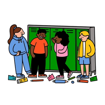 A group of four teenagers standing around a row of school lockers, engaging in conversation and sharing laughter. There is a light-skinned girl with long brown hair wearing a blue hoodie and jeans, a dark-skinned boy with short hair in a red t-shirt and black pants, a girl with curly black hair in a pink sweater and leggings, and a boy with straight blonde hair in a yellow jacket and shorts. The lockers are a vibrant green color, and colorful school supplies are scattered around their feet. The atmosphere is lively and energetic.
