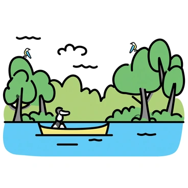 A small wooden boat is gliding smoothly through a Malaysian river. The boat is painted in bright colors, reflecting the sunlight. Dense jungle borders both sides of the river, featuring tall, lush green trees with broad leaves. The water is calm and slightly rippled, reflecting the greenery around it. Occasional glimpses of wildlife can be seen among the foliage, such as colorful birds perched on branches. The sky above is clear with a few fluffy clouds scattered.