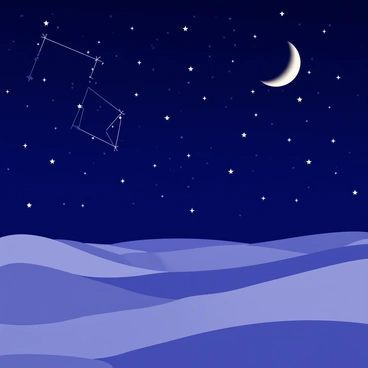 A panoramic view of a desert night sky filled with "twinkling stars" scattered across the deep blue backdrop. Bright and prominent "constellations" are clearly visible, each connected by faint white lines. The "silhouette of distant sand dunes" stretches across the horizon, adding depth to the scene. A large "crescent moon" hangs low in the sky, casting a soft glow over the landscape. "Scattered clouds" reflect the moonlight, enhancing the starry atmosphere.