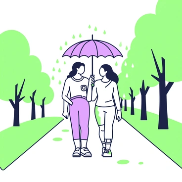 A couple is walking closely together on a tree-lined path while sharing an umbrella. The umbrella is open above them, protecting them from the gentle rain. The path is lined with trees, their leaves gently swaying in the rainfall. The couple is dressed in light, casual clothing, and they are smiling at each other, with a sense of intimacy. Raindrops can be seen falling around them, with small puddles forming on the path. In the background, more trees create a serene atmosphere along the walkway.