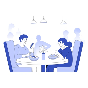 A couple is sitting at a restaurant table. One person is focused on their phone, holding it in their right hand and looking down at the screen. The other person is leaning back in their chair, with arms crossed and a bored expression on their face. The table is adorned with a small vase containing flowers, and there are plates with uneaten food in front of them. Overhead, there are pendant lights casting soft illumination over the scene. The background features blurred shapes of other patrons and furnishings in the restaurant.