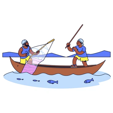 A scene of ancient fishermen working together on a small wooden boat. The fishermen are wearing simple tunics and sandals, showing signs of wear. One fisherman is casting a large net into the water, while another is pulling in a catch with a wooden oar. The boat is surrounded by gentle waves, and there are small fish visible in the water. In the background, there are distant hills and a clear sky.