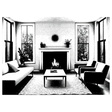 A cozy sunken living room features a central fireplace with a warm flame. The room is surrounded by mid-century furniture, including a sleek sofa and a pair of vintage armchairs. A coffee table sits in the middle, adorned with a small stack of books. A textured area rug covers the floor, adding warmth to the space. Large windows allow natural light to flood in, illuminating the inviting atmosphere. Decorative plants are placed strategically throughout, enhancing the homey feel.