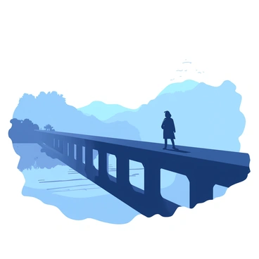 A shadowy figure is standing at the end of a long, foggy bridge. The bridge stretches across a calm body of water, with the mist gently rolling over the surface. In the background, the first light of dawn casts a soft glow, illuminating the fog and creating a contrast between the shadowy figure and the lighter surroundings. The figure is dressed in dark clothing, blending into the mist, while the bridge is made of weathered stone, partially obscured by the dense fog. The scene evokes a sense of mystery and anticipation.