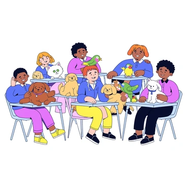 A classroom filled with various students and their pets. Each student's desk has a different animal sitting on it, such as a small brown dog with floppy ears, a fluffy white cat with green eyes, and a colorful parakeet perched on a pencil holder. Some pets are lounging on their owners' chairs, like a lazy golden retriever resting its head on a student's lap. The students are smiling and interacting with their pets, creating a lively and cheerful atmosphere in the room.