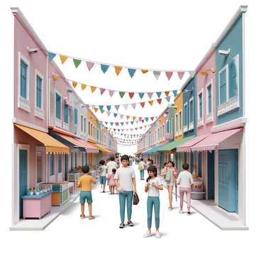 A street lined with buildings, each adorned with "colorful festival lights" in various shades of blue, red, green, and yellow. "Festive decorations" hang from the awnings and balconies, featuring "banners" and "streamers" that flutter in the breeze. Below the lights, people walk along the sidewalk, some carrying "balloons" and others sipping "drinks" from colorful cups. The atmosphere is lively, with "street vendors" selling snacks and "musicians" playing cheerful tunes in the background. Each element reflects the vibrant spirit of a festival celebrated in 2019.