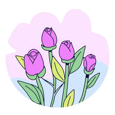 A collection of pink rose buds, some fully closed and others beginning to unfurl, are situated in a pastel-colored garden. The garden features soft green leaves surrounding the roses, creating a gentle contrast. The background includes abstract shapes in light colors, enhancing the visual softness of the scene. The overall composition is balanced, with the roses as the central focus.