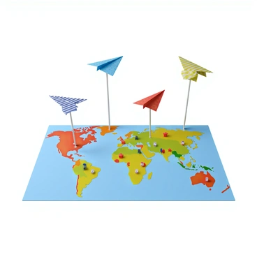 A series of colorful paper airplanes in various designs, including a red one with polka dots, a blue one with stripes, and a green one with stars. They are soaring above a detailed world map that displays continents, countries, and oceans. The map features vibrant colors and outlines of landmasses, with some locations marked by small flags. Each paper airplane is positioned at different heights, creating a sense of movement as they fly towards distinct travel destinations.