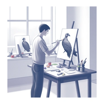 An artist standing in a bright studio is focused on painting a portrait of a California condor. The artist is using a brush to add intricate details to the canvas, capturing the distinct features of the bird such as its large wingspan and unique facial coloration. The studio is filled with various art supplies, including paint tubes and brushes, scattered on a wooden table. Natural light streams through a large window, illuminating the workspace and enhancing the colors on the canvas. A sketch of the California condor can be seen on a nearby easel, providing reference for the artist's work.