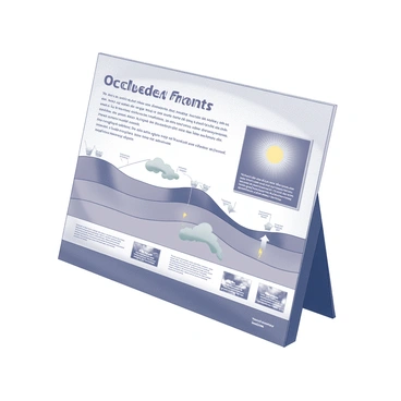 An information panel located within a weather museum. The panel is rectangular and prominently displays the title "Occluded Fronts" at the top in bold font. Below the title, there is a detailed diagram illustrating the concept of occluded fronts, featuring layers of air masses in a simplified layout. The diagram shows cold and warm fronts, with arrows indicating their movements and interactions. Accompanying the diagram are labeled images representing weather phenomena associated with occluded fronts, such as clouds and precipitation patterns. The panel includes informative text in clear, legible font that describes the characteristics and significance of occluded fronts. The overall design is clean and organized, allowing for easy reading and learning.