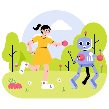 A young girl with pigtails, wearing a bright yellow dress, is playing joyfully in a green park filled with colorful flowers and tall trees. She is laughing as she runs alongside her friendly robot companion, which has a shiny metallic body and large expressive eyes. The robot has quirky features, such as mismatched arms and legs, and is holding a bright red ball. Nearby, a blue sky dotted with fluffy white clouds adds to the cheerful atmosphere of the scene.