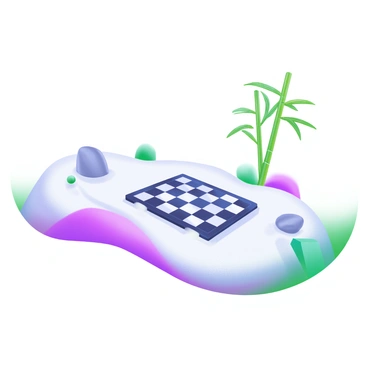 A minimalist Zen garden featuring smooth, white sand raked into gentle patterns. In the center of the garden rests a simple black and white chessboard, its squares perfectly aligned. Surrounding the chessboard are a few carefully placed stones, adding a touch of natural beauty. A single bamboo plant stands gracefully at one corner, introducing a hint of greenery to the scene. The overall composition is tranquil and harmonious, emphasizing simplicity and balance.