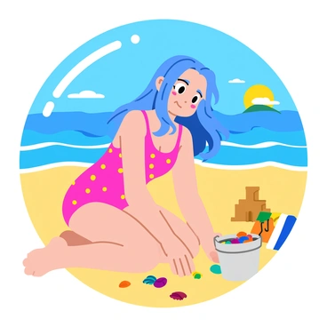 An anime girl with long, flowing blue hair is kneeling on a sandy beach, wearing a vibrant pink swimsuit adorned with yellow polka dots. She is focused on collecting colorful seashells scattered along the shoreline. The sun shines brightly, creating reflections on the gentle waves in the background. The girl's expression is cheerful, and she has a small bucket beside her filled with seashells of various shapes and colors. Nearby, there are a few beach towels and a sandcastle partially built, adding to the beach atmosphere.