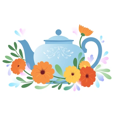 A vintage teapot with ornate designs sits at the center of the composition. The teapot is made of porcelain, featuring intricate floral patterns and a curved spout. Surrounding the teapot are freshly picked marigold flowers, their vibrant orange and yellow petals creating a striking contrast. The flowers are arranged artfully, with some partially open and others in full bloom, showcasing their rich texture. Delicate green leaves intermingle with the marigolds, adding depth to the scene.
