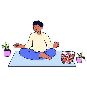 A person sitting cross-legged in a meditative pose on a simple mat. The individual is wearing comfortable, loose-fitting clothing. Beside them is a dholki, a traditional drum, with intricate decorative patterns. The dholki is leaning slightly as if it has just been played gently. The setting includes a few small plants in simple pots around them, contributing to a tranquil atmosphere. The overall composition emphasizes simplicity and calmness.