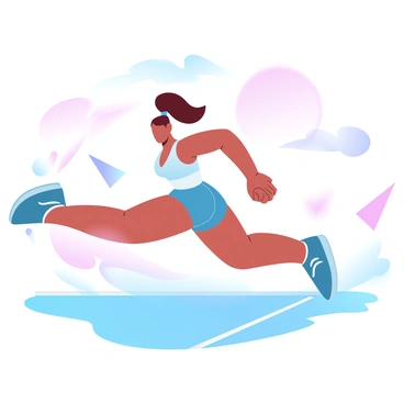 A female athlete is captured mid-stride on a bright track, showcasing her dynamic motion. She is wearing a fitted athletic top and shorts, with her hair pulled back in a high ponytail. The track is marked with colorful lane lines, and the background is filled with vibrant training cones. The sun casts a warm glow, enhancing the vivid colors of her outfit and the track. The scene conveys energy and determination.