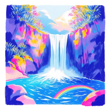 A waterfall cascades over a steep cliff, the water tumbling down in multiple tiers. The waterfall sends up mist as it crashes into a deep, clear pool below. Surrounding the area, lush green vegetation frames the waterfall, with rocks partially covered in moss and small ferns. Sunlight filters through the trees, creating a play of light and shadow on the water’s surface. A rainbow forms in the mist at the base of the waterfall.