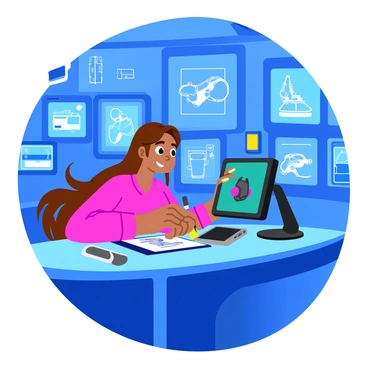 A girl with long, flowing hair is focused on drawing "futuristic robot designs" on a sleek, modern digital device. She sits at a curved desk made of polished metal and glass in a "high-tech workspace" filled with glowing screens and gadgets. The walls are lined with various mechanical prototypes and blueprints. The workspace is illuminated by soft, ambient lighting, enhancing the advanced technology surrounding her. Her expression is one of concentration and creativity as she brings her imaginative concepts to life.