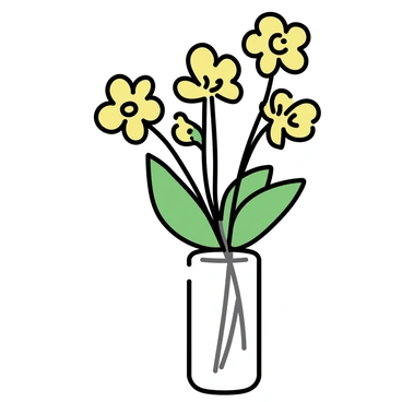 A freshly picked bouquet of "evening primroses" with bright yellow flowers and green leaves, arranged in a simple glass vase. The vase is clear and cylindrical, showcasing the stems of the flowers. The arrangement is vibrant, with the blossoms slightly opened and facing upward, creating a lively display. The background is minimal, emphasizing the beauty of the bouquet and the vase.