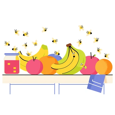 A kitchen counter covered in a variety of colorful fruits, including bananas, apples, and oranges. Small fruit flies with exaggerated features, such as large eyes and comically tiny wings, are buzzing around the fruits. Some flies are happily perched on the fruits, while others are playfully chasing each other in the air. A glass jar filled with jam sits on one side, with several flies trying to sneak inside. The countertop is cluttered, and a dish towel hangs off the edge, adding to the chaotic scene of the fruit fly takeover.