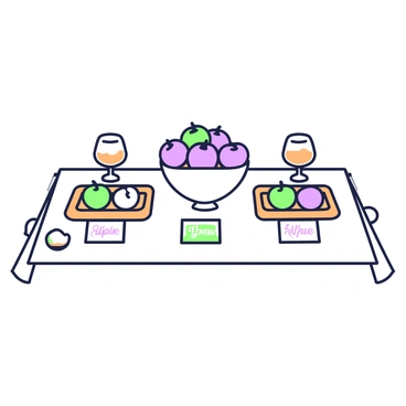 A gourmet apple tasting event is set up at a large table. The table is covered with a white tablecloth and features elegantly arranged sampling trays made of polished wood. Each tray is filled with a variety of apple slices, displaying a combination of green and purple varieties. Small labels are placed next to each type of apple, providing their names in stylish font. In the center of the table, a large decorative bowl holds whole apples, showcasing their natural shine. Elegant glassware filled with caramel and sauces is placed at the corners of the table, inviting attendees to dip the apple slices. Soft lighting creates a warm atmosphere, enhancing the appeal of the event.