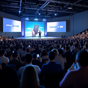 A Samsung Galaxy phone launch event taking place in a large auditorium filled with a bustling crowd. The audience consists of people of diverse backgrounds, all seated and eagerly watching the presentation. The stage is decorated with large LED screens displaying the Samsung logo and images of the new Galaxy phone. On stage, a presenter in a smart suit is enthusiastically demonstrating the features of the phone, holding it up for the audience to see. Bright stage lights illuminate the scene, creating an energetic atmosphere. Attendees are taking photos with their own devices, some clapping in appreciation, while others are focused on the presentation.