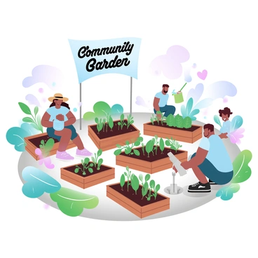A community urban garden filled with various types of plants and flowers. Several people are actively tending to the garden, including a woman in a straw hat holding a watering can, a man kneeling and planting seedlings, and a child with a small shovel digging in the soil. Wooden raised garden beds are organized throughout the space, and vibrant green foliage surrounds them. A colorful banner displaying the words "Community Garden" is hanging between two posts.