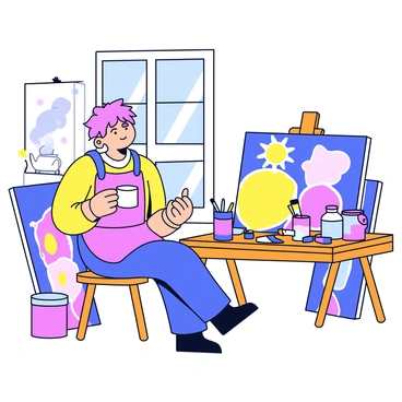 An artist sitting on a wooden stool in their studio, resting with a steaming cup of tea in hand. The artist has short, tousled hair and is wearing a paint-splattered apron. Surrounding them are vibrant canvases leaning against the walls, showcasing various colors and abstract designs. Paint supplies, including tubes of paint and brushes in jars, are scattered across a cluttered wooden table nearby. Sunlight streams through a large window, illuminating the scene.
