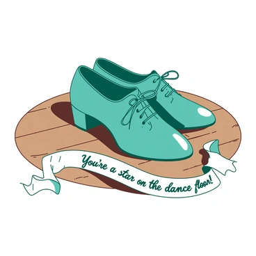A pair of elegant teal dancing shoes is placed on a polished wooden dance floor. The shoes are shiny and feature intricate laces that are tied neatly. Next to the shoes, there is a delicate white ribbon elegantly draped, with the words "You're a star on the dance floor!" written in graceful, flowing script. The scene captures the essence of celebration and joy, centered around the beautiful dancing shoes.