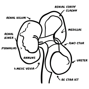 A detailed illustration of a kidney, including its external and internal structures. The kidney's outer shape is visible, showcasing its renal hilum, cortex, and medulla. Within the kidney, the renal pyramids and renal pelvis are depicted. Each part of the kidney is labeled clearly with distinct text, showing terms such as "renal artery," "renal vein," "ureter," and "nephrons." The diagram is structured for educational purposes, with a clean layout.