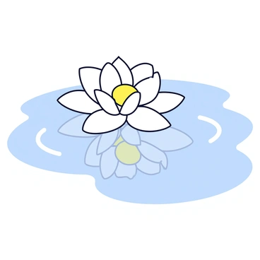 A single white lily with delicate, smooth petals floats on the surface of a clear, still lake. The lily has a bright yellow center that contrasts with the white petals. The surface of the lake mirrors the lily perfectly, creating an identical reflection below. Surrounding the lily are gentle ripples that indicate a light breeze. The water is calm, and the overall scene is serene and tranquil.