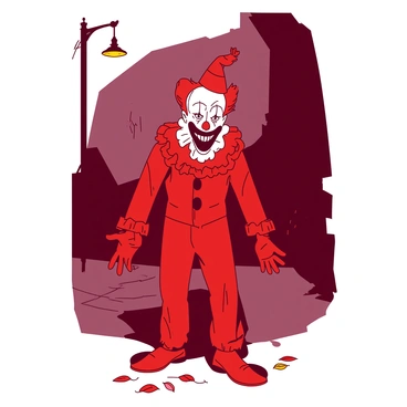 A red clown with a wide, sinister grin is standing beneath a flickering yellow street lamp. The clown's face is painted white, enhancing the shadows that dance across its features, while its colorful costume contrasts sharply with the dim light. The atmosphere is tense, as the flickering light casts eerie shadows on the ground. The clown's hands are outstretched, revealing oversized gloves, and there are leaves scattered at its feet, hinting at a deserted street in the background.