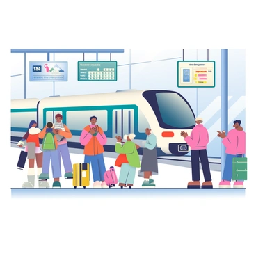 A bustling train station platform is filled with travelers of various ethnicities and ages. Some are standing while others are sitting on benches, checking their tickets or looking at their phones. A large, modern train with a sleek design is approaching the platform, its doors opening to welcome passengers. Luggage in different colors and sizes is scattered around the feet of the travelers. Overhead, large digital screens display train schedules and arrival times. The platform is surrounded by tall glass walls, allowing natural light to illuminate the scene.