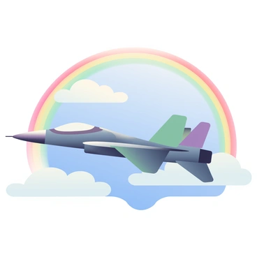 An F5 jet with a sleek design and glossy finish is flying through a clear sky. The jet is positioned in the center of the image, appearing to soar with speed. Behind it, a vibrant rainbow arcs gracefully across the sky, displaying a spectrum of colors from red to violet. The blue sky is clear, with a few soft, white clouds scattered in the background, enhancing the visual contrast of the rainbow and the jet.