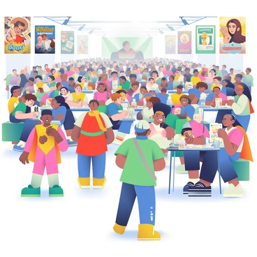 A bustling comic convention filled with people in colorful costumes representing various characters. In the foreground, several fans are dressed as superheroes and anime characters, engaging with one another and taking photos. To the side, a group of artists is seated at tables, signing books and prints for eager fans. Each artist has a unique setup, with posters featuring their work displayed behind them. The atmosphere is lively, with banners of popular comic series hanging from the ceiling and a large crowd moving between the booths that are filled with merchandise. In the background, a stage can be seen, where a panel discussion is taking place, drawing even more attendees.