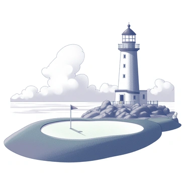 A golf hole is situated on a rugged coastline. The green is perfectly manicured and surrounded by a low wooden fence, while a flag stands proudly in the hole. In the background, a towering lighthouse rises prominently above the rocky shoreline, its structure detailed with windows and a balcony at the top. Waves crash against the rocks at the base of the lighthouse, creating a dramatic scene. The sky is vast, providing a sense of openness, with billowing clouds adding depth to the atmosphere.