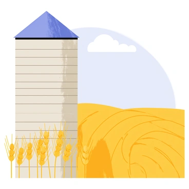 A large gray silo stands tall next to a vibrant field of golden wheat. The silo features a conical roof and a weathered texture, with patches of rust. The field of wheat stretches out towards the horizon, with golden stalks swaying gently in a light breeze. The sky above is a bright blue, dotted with a few fluffy white clouds. In the foreground, there are clusters of wheat stalks bending under the weight of their grain, emphasizing the readiness for harvest.