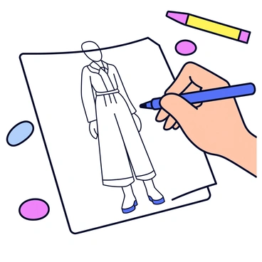 A close-up view of a hand holding a colorful marker, in the process of sketching a fashion figure on a sheet of white paper. The paper displays elegant lines and shapes that form the silhouette of the figure, showcasing a stylish outfit. Various colorful markers are placed nearby, indicating a vibrant palette used for the illustration. The hand features a simple design, with fingers delicately gripping the marker, revealing the creative action of drawing.