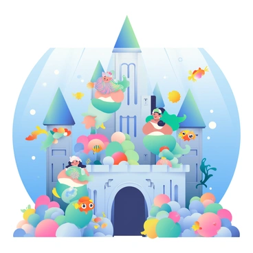 An intricate underwater castle made of coral and seashells is surrounded by clear blue water. The castle features tall spires and archways adorned with vibrant marine life. Several mermaids with long flowing hair in shades of blue and green are swimming gracefully around the castle. They are wearing iridescent tails that shimmer in the light. Colorful fish of various species, including bright yellow clownfish, orange parrotfish, and shimmering blue tangs, dart among the coral structures. Sunlight filters down from the surface of the water, illuminating the scene with a soft glow.