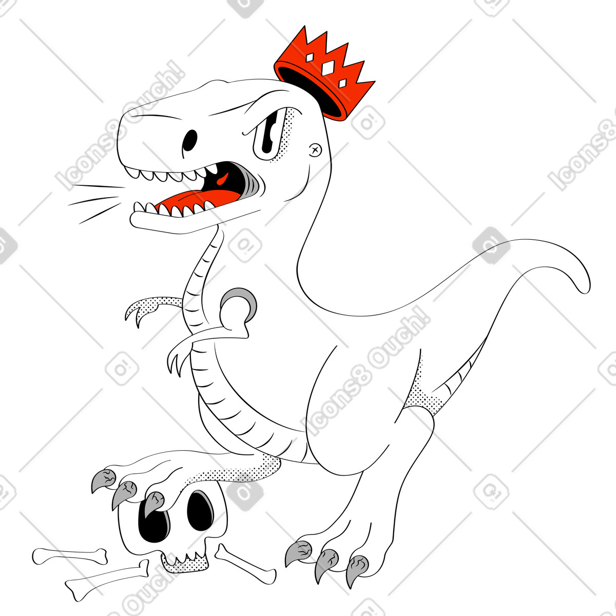 Dinosauro con una corona di successo che calpesta un teschio e ruggisce illustrazione in stile Looney scarica in PNG, SVG