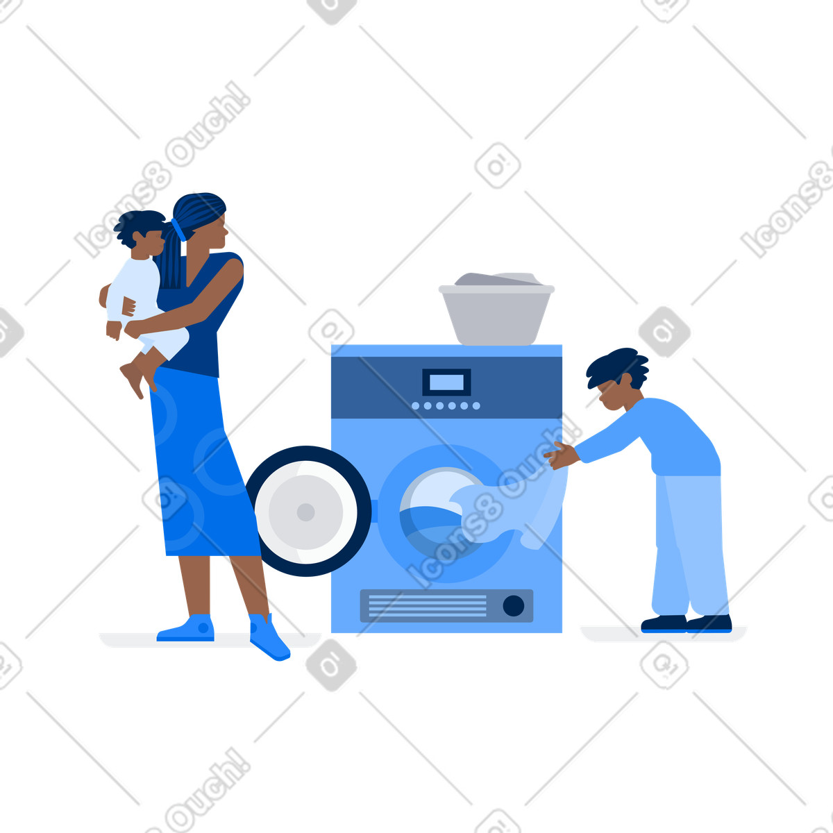 Mom with afro hairstyle and kids doing laundry illustration in Urban style download in PNG, SVG