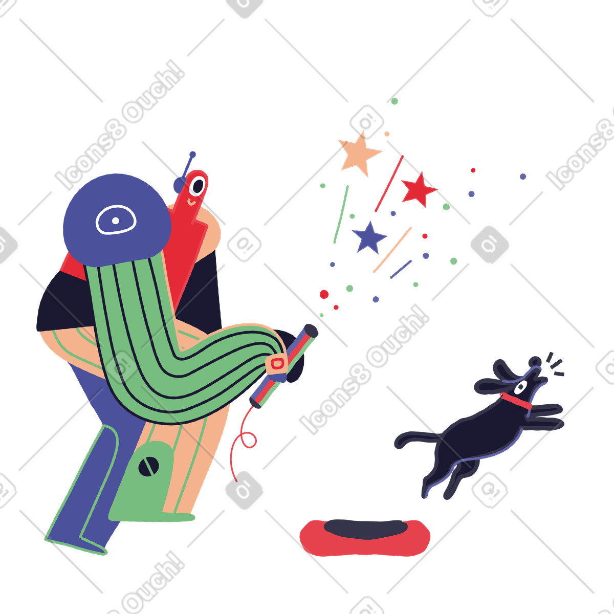 Roboter feuert feuerwerk ab und erschreckt den hund-Illustration im Stripy-Stil als Download in PNG, SVG