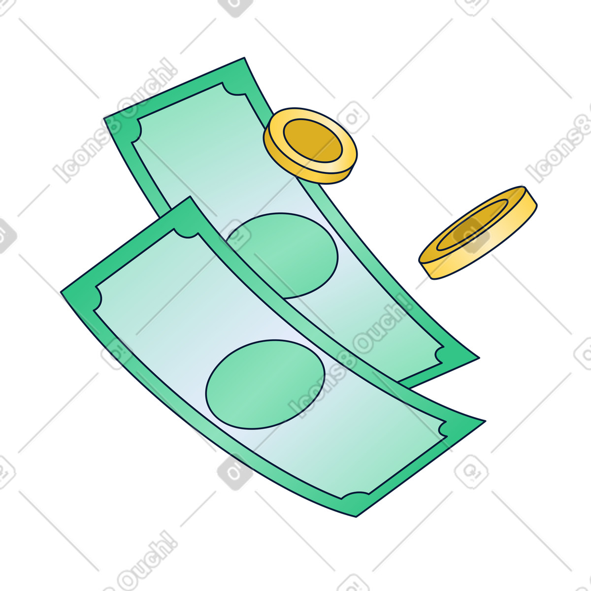 Banknotes and coins illustration in PNG, SVG
