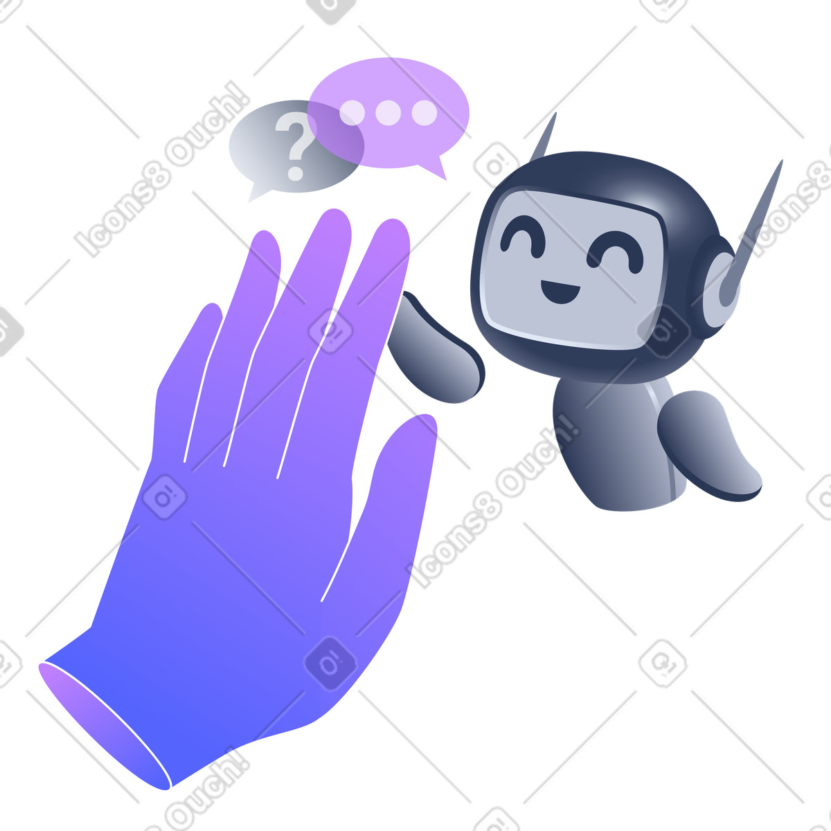 Ilustração de O chatbot dá um high-five e responde à pergunta em no estilo Lucent para baixar em PNG, SVG