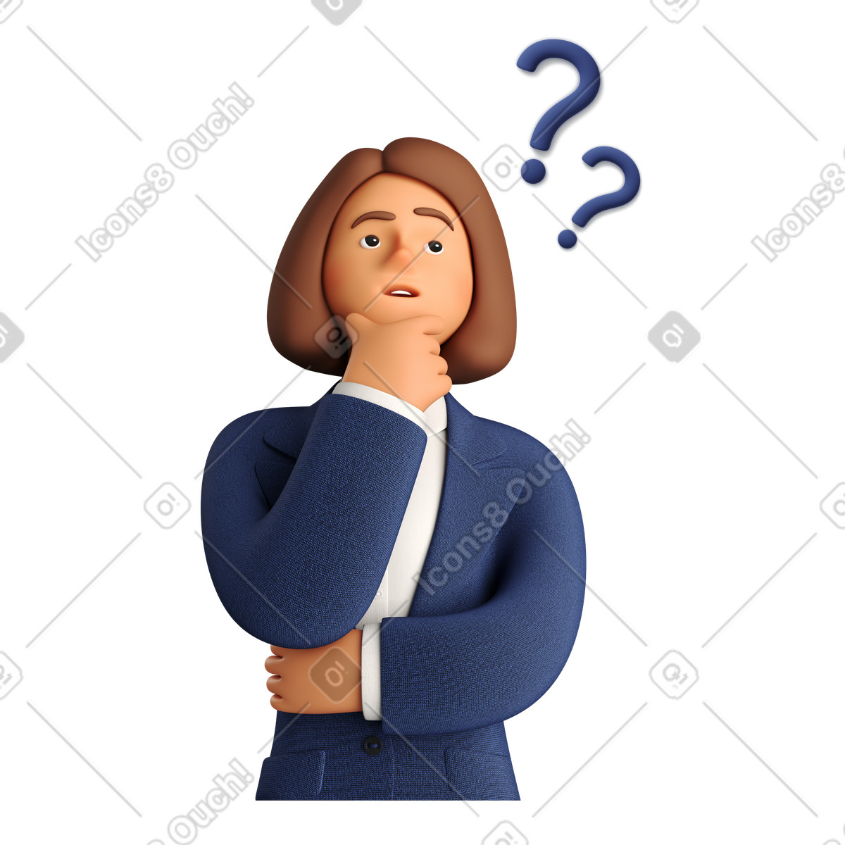 Illustration Femme d'affaires pensant au travail avec des questions suspendues au-dessus de sa tête dans le style 3D Business à télécharger aux formats PNG, SVG