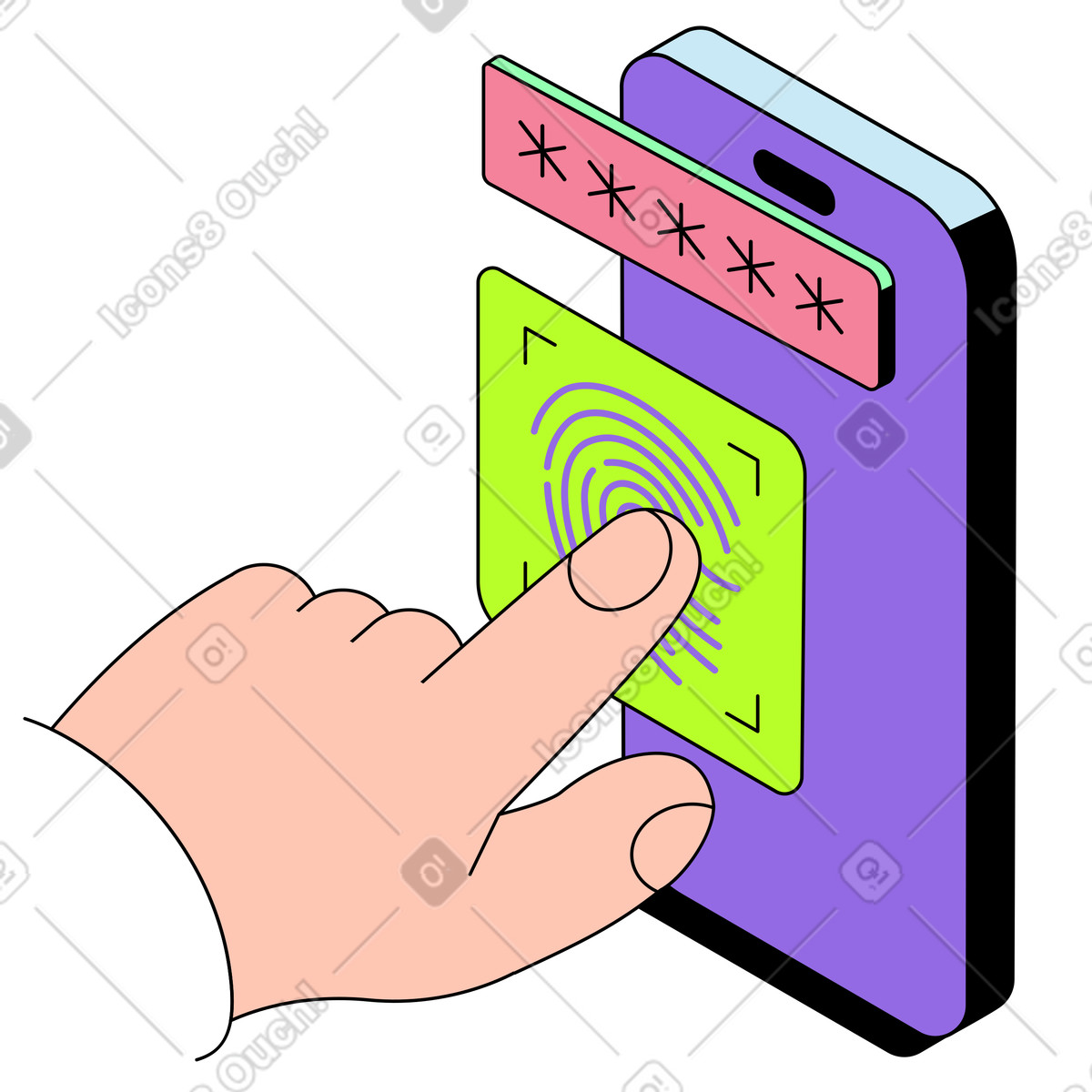 Biometric identification and secure access on smartphone animated illustration in Project style download in GIF, Lottie (JSON), AE