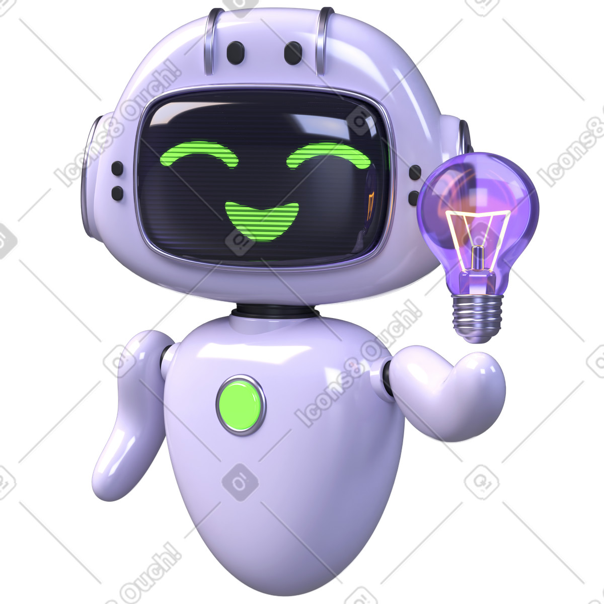 Friendly virtual assistant holding glowing bulb, AI powered idea generation illustration in PNG, SVG