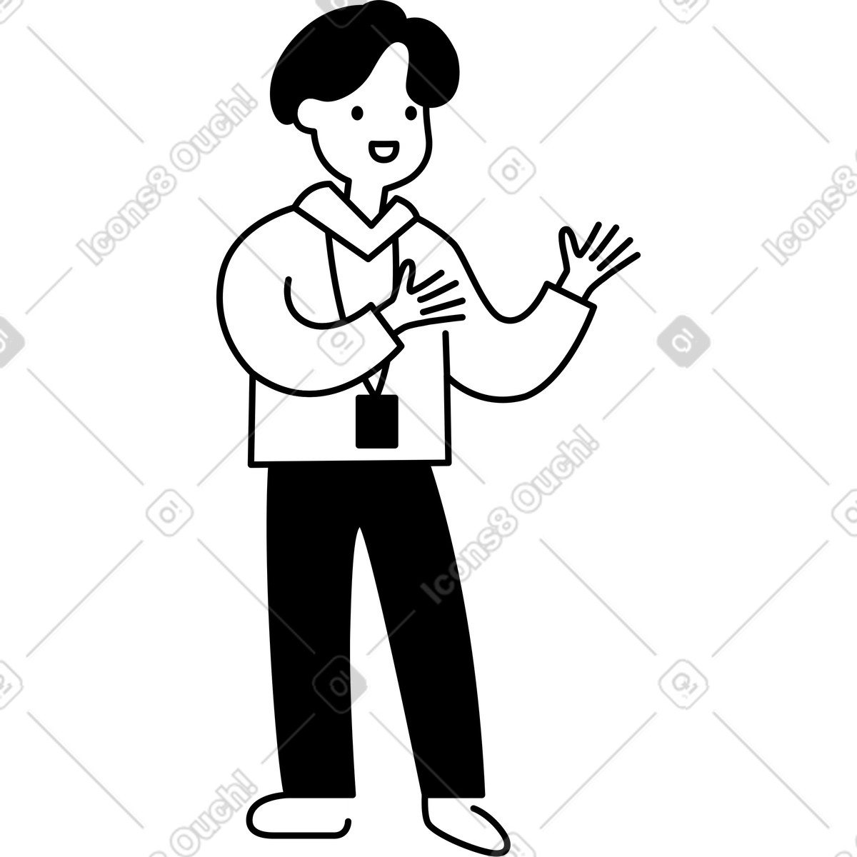 下载 Notion Line Art 风格的 Speaker presenting with name badge and expressive hand gestures upward 插画，支持 PNG、SVG 格式
