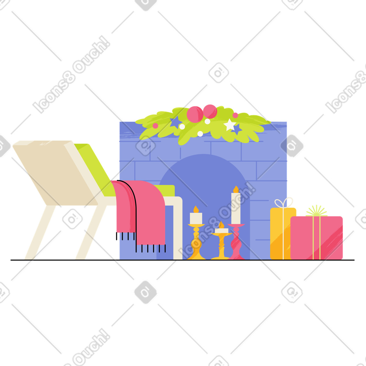 Ilustración Fireplace decorated with wreath and presents, Festive home decor en estilo Juicy a descargar en PNG y SVG